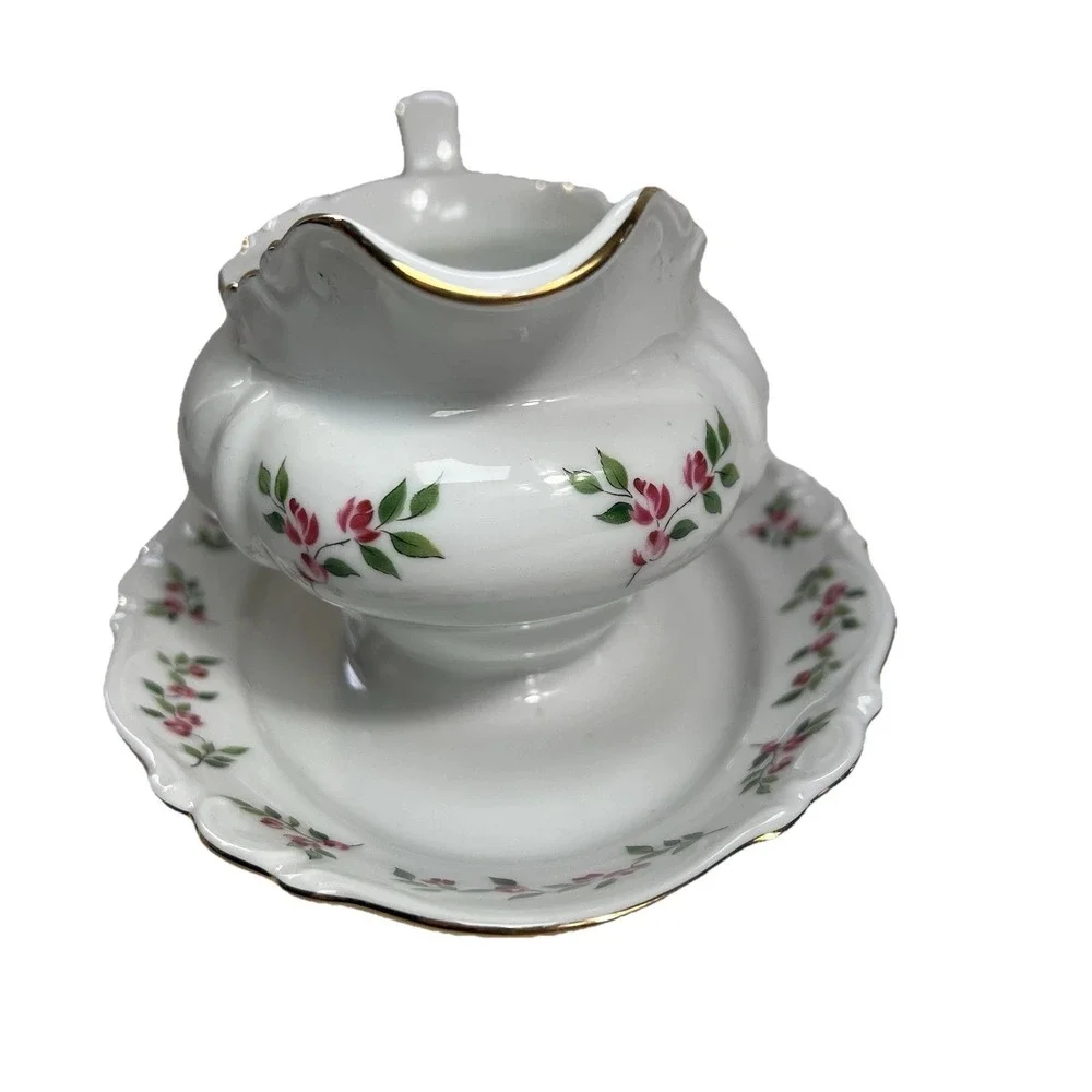 VTG Crown Bavaria Juliette Pink Roses Gravy Boat W/Attached Underplate Gold Trim